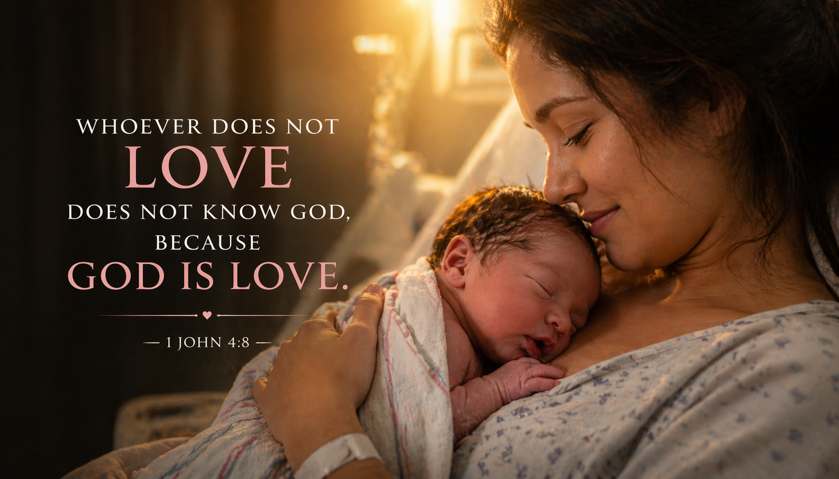 1 John 4:8 Bible verse wallpaper - Whoever does not love does not know God because God is love - mother holding newborn baby warm hospital light